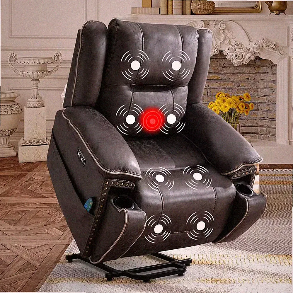 41" W Oversize Dark Gray PU Leather Power Lift Recliner Chair with Massage and H