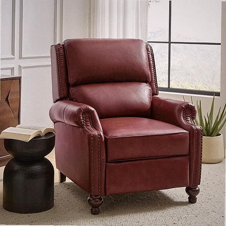 Burgundy Red Genuine Leather Wingback Pushback Manual Recliner Club Arm Chair