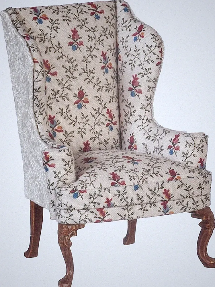 Dolls House Wing Back Armchair Cream Floral JBM Walnut Living Room Furniture