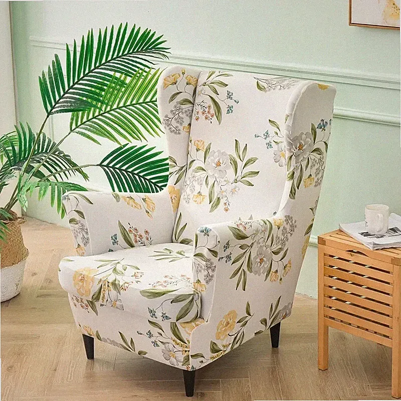 Elastic Floral Printed Wing Back Chair Cover Slipcover Non-slip Sofa Protector