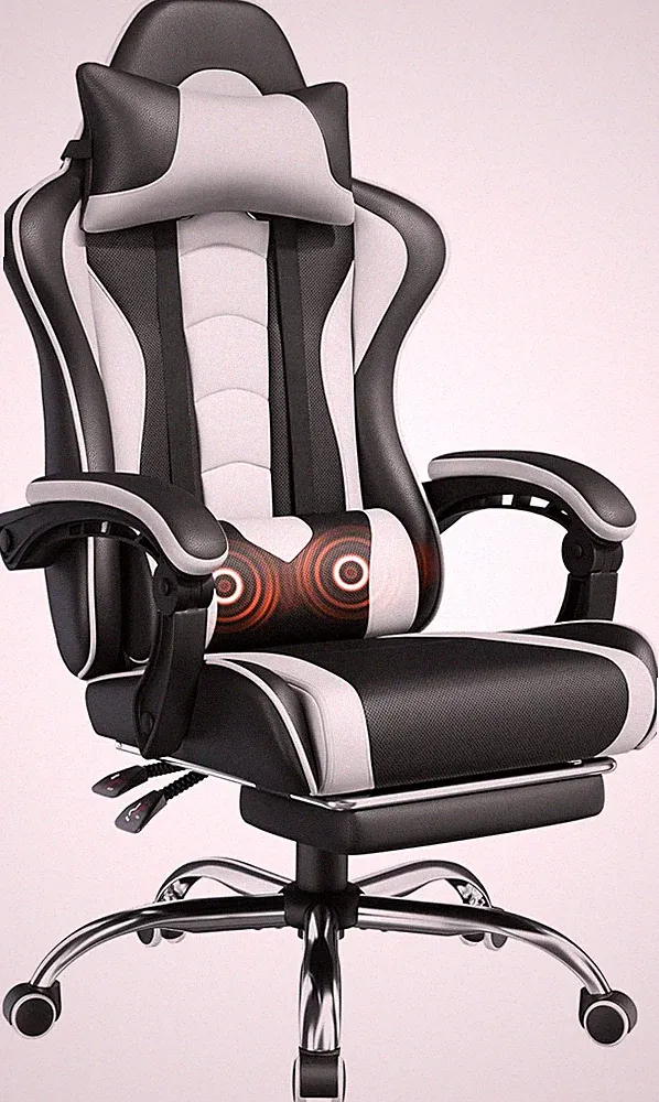 Gaming Chair, Video Game Chair with Massage Lumbar Support and Footrest Height A