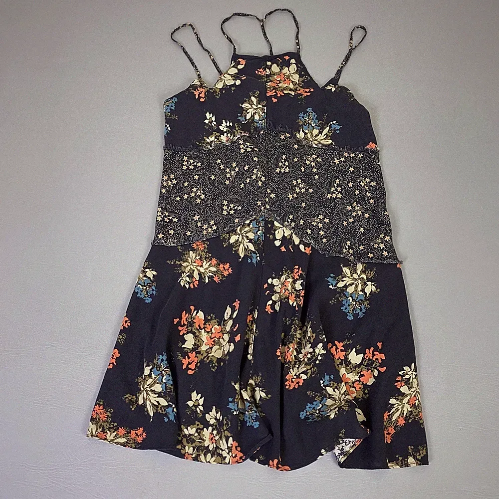 Intimately Free People Dress Medium Mixed Floral Print Strappy Back Slip Black
