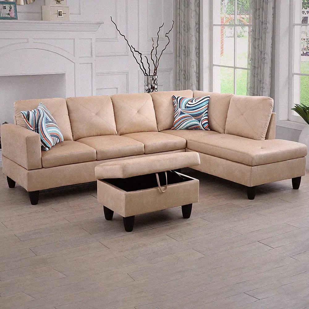 L-Shaped Sofa Set Convertible Chaise Couch Sectional Sofa with Ottoman & Pillows
