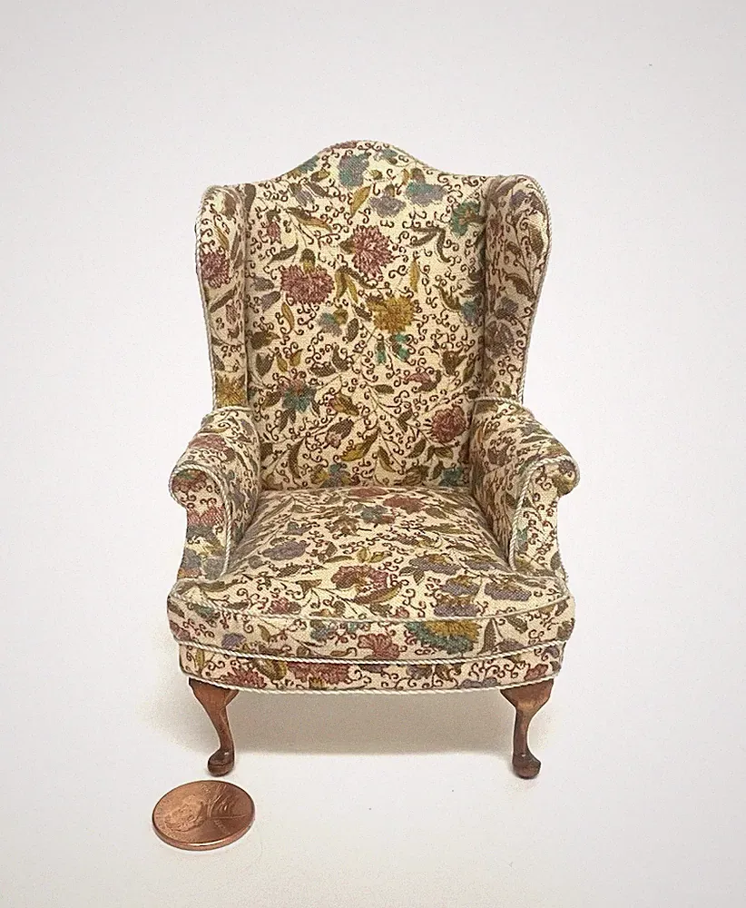MARIE SOLLI DOLLHOUSE MINIATURE FLORAL PRINT FABRIC WING CHAIR