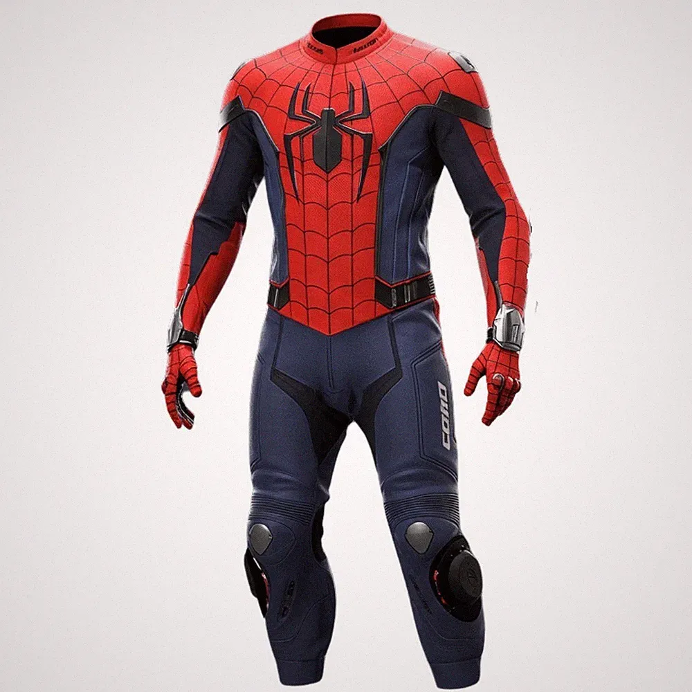 Men's New Spiderman Red & Blue Leather Motorcycle Racing Suit Biker Gear