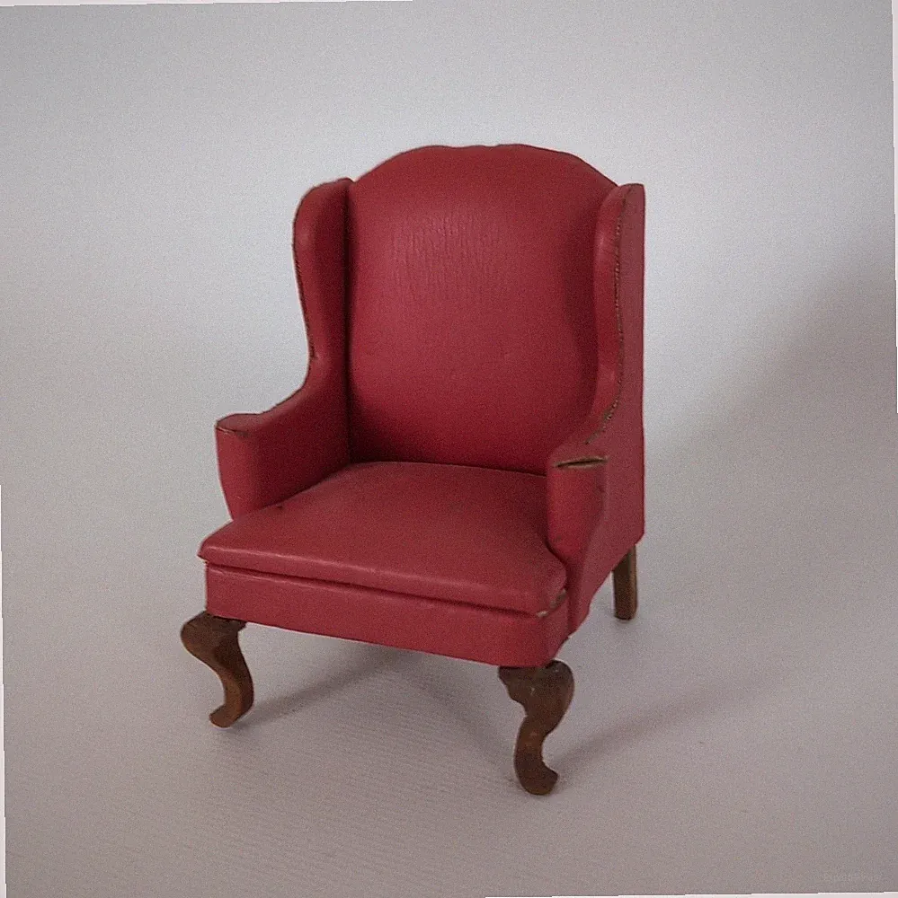 Miniature Wing Back Arm Chair Dark Red 1:12 Scale Furniture Faux Leather