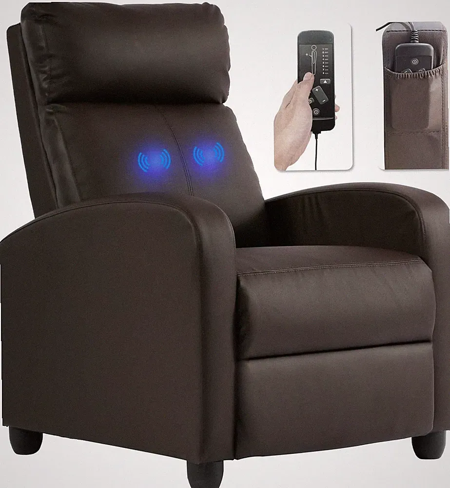 Modern Recliner Chair with Massage & Lumbar Support - PU Brown Wingback Sofa
