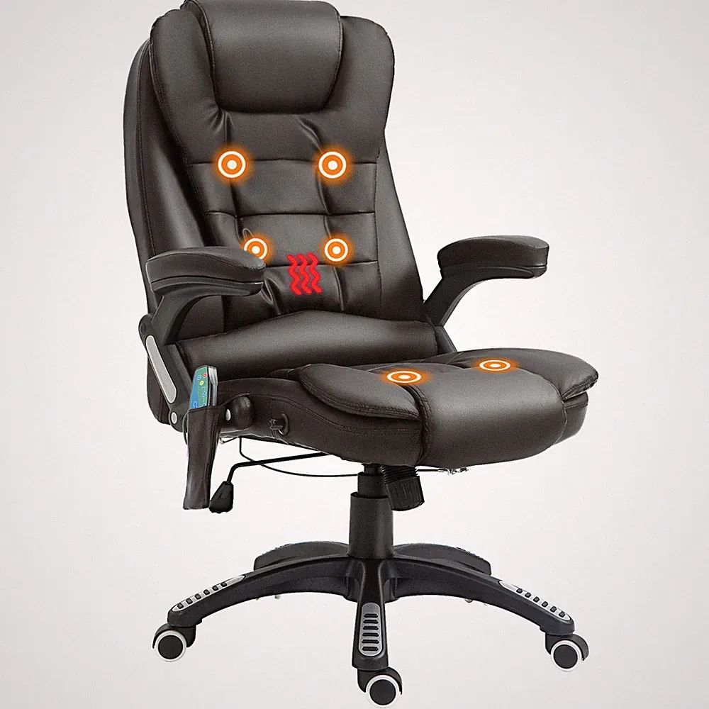 Office Chair Brown PU Leather Recliner 111-121H Massage Heat Swivel Thick Padded