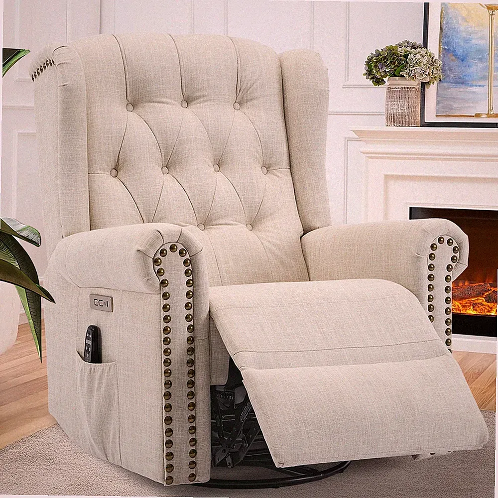 Power Swivel Rocker Recliner Chair w/Massage & Heat for Nursery, Wingback Tufted