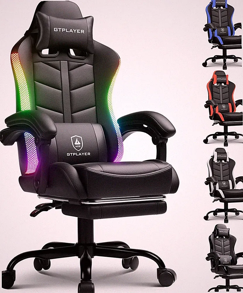 RGB Gaming Chair with Footrest, Computer Gaming Chair with LED Lights for Adults