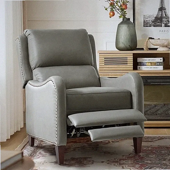 Top Grain Genuine Leather Gray Wingback Pushback Recliner Club Grey Arm Chair