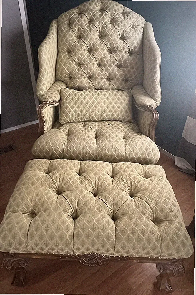 Vintage Chippendale Style, Oversized, Wingback Lounge Arm Chair W/Ottoman