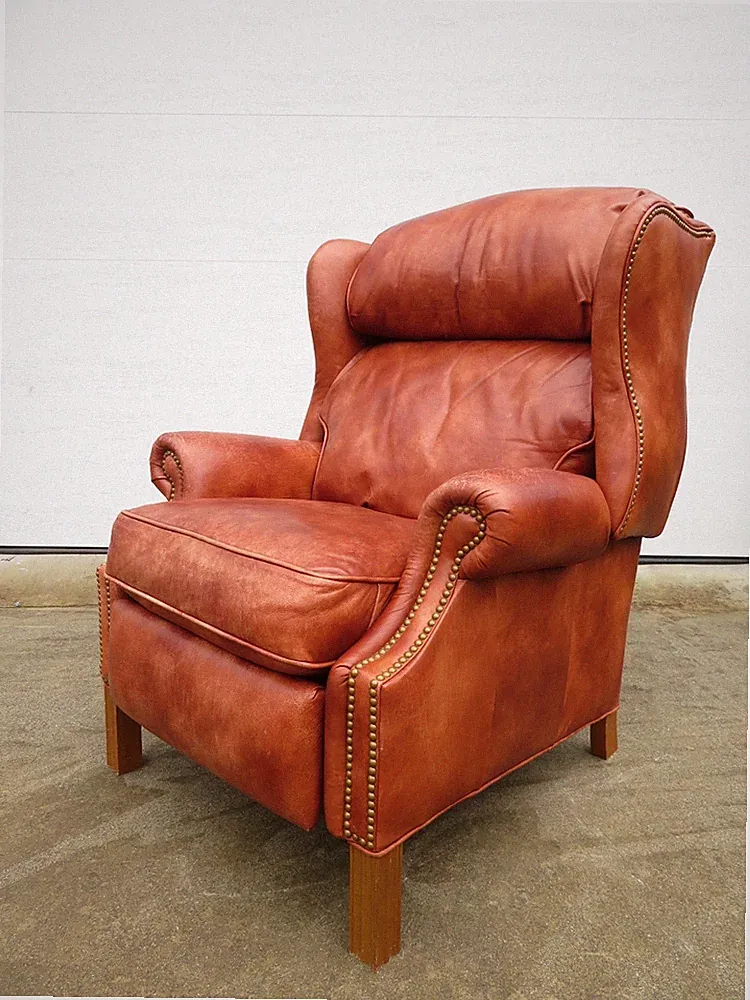 Vintage LEATHER WINGBACK RECLINER Nail Studded LOUNGE CHAIR Library Office MCM